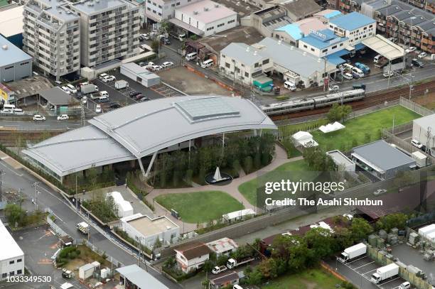 In this aerial image, the 'Inori-no-Mori' memorial facility of the Amagasaki Train Crash is seen on September 14, 2018 in Amagasaki, Hyogo, Japan....