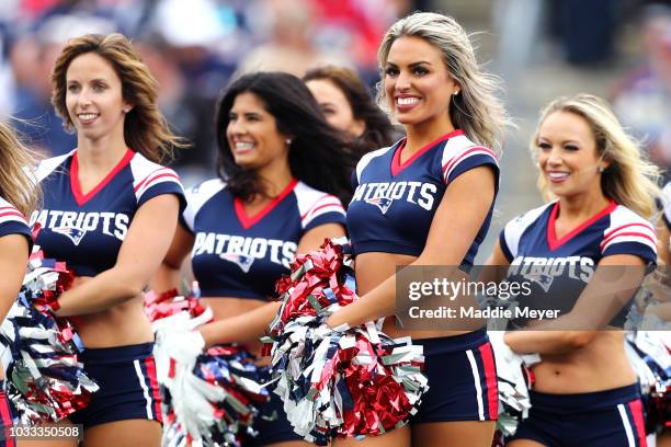 The New England Patriots cheerleaders perform during the game between the New England Patriots and the Houston Texans at Gillette Stadium on...