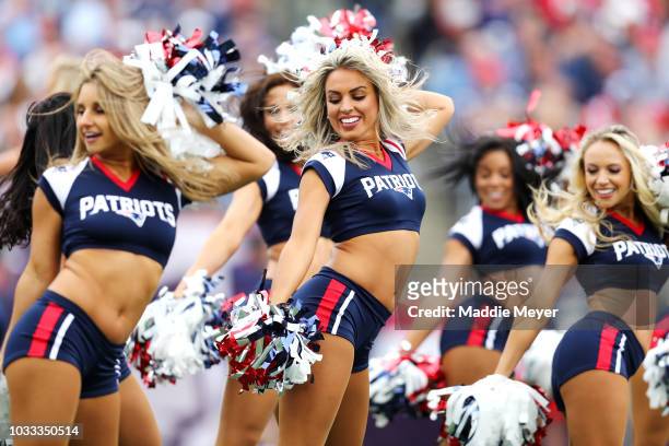 The New England Patriots cheerleaders perform during the game between the New England Patriots and the Houston Texans at Gillette Stadium on...
