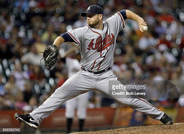 Pitcher Billy Wagner of the Atlanta Braves throws in the ninth inning against the Houston Astros at Minute Maid Park on August 10, 2010 in Houston,...
