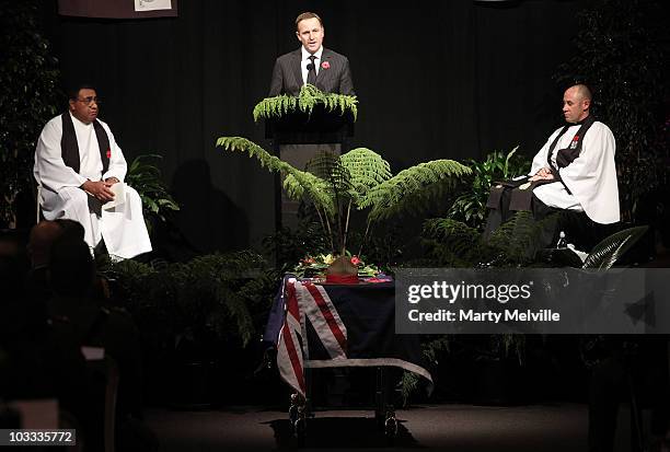 Prime Minister of New Zealand John Key speaks during the military funeral ceremony for Lt Tim O'Donnell, who died on August 3 in the central Afghan...