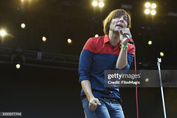 Thomas Mars of Phoenix performs on the Scissor Stage during day 1 of Grandoozy on September 14, 2018 in Denver, Colorado.