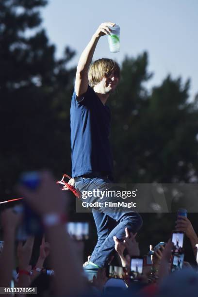 Thomas Mars of Phoenix performs in the crowd at the Scissor Stage during day 1 of Grandoozy on September 14, 2018 in Denver, Colorado.