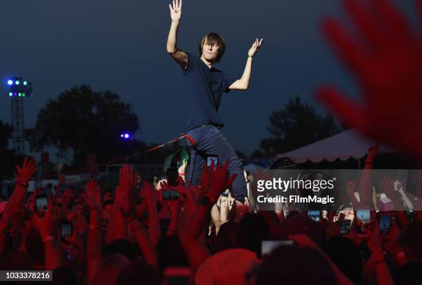 Thomas Mars of Phoenix performs in the crowd at the Scissor Stage during day 1 of Grandoozy on September 14, 2018 in Denver, Colorado.
