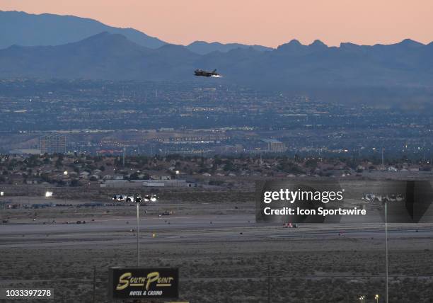 United States Air Force F-35 fighter jet takes off with full afterburner from Nellis AFB during the NASCAR Camping World Truck Series Playoff Race...