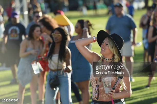 Festivalgoers attend the Kim Ann Foxman performance in The Break Room during day 1 of Grandoozy on September 14, 2018 in Denver, Colorado.