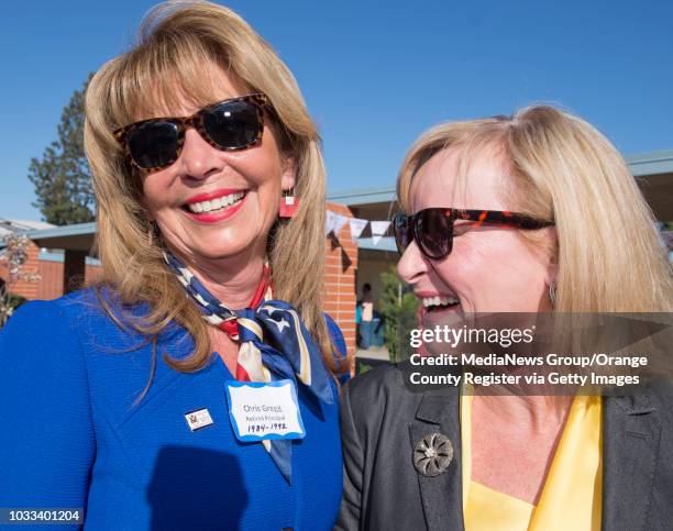 Former Estock Elementary principals Chris Gregg, left, and Darlene Messinger share a laugh during the Helen Estock Elementary 50th Anniversary...