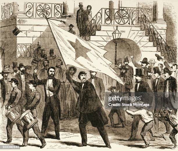 The first state rights flag unfurled by secessionists at Columbia, South Carolina, 1860. South Carolina was the first state to pass an ordinance of...