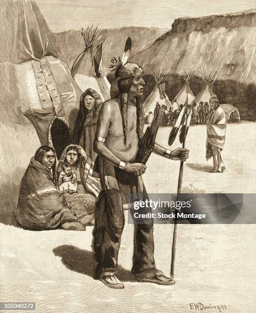 Sioux crier stands among the village teepees, calling a war dance, in this illustration by Edwin Willard Deming, 1891.