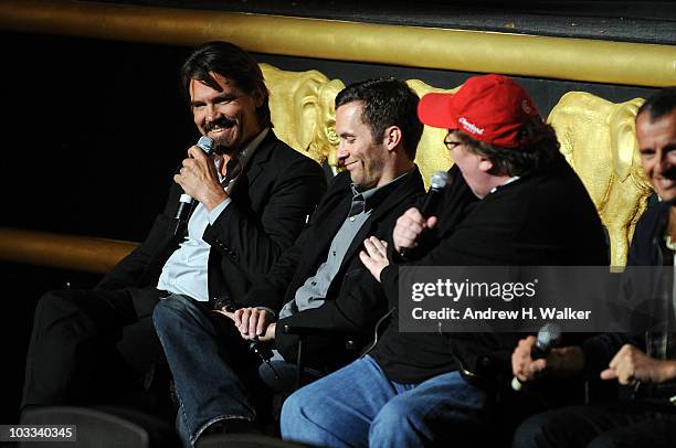 Actor Josh Brolin, former soldier Russell Baer and filmmaker Michael Moore participate in a discussion following a special screening of The Weinstein...