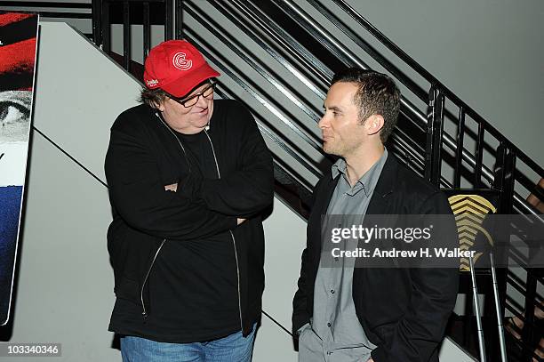 Filmmaker Michael Moore and former soldier Russell Baer attend a discussion following a special screening of The Weinstein Company's The Tillman...