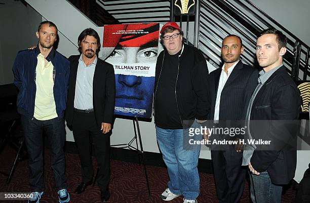 Producer John Battsek, actor Josh Brolin, filmmaker Michael Moore, director Amir Bar-Lev and former soldier Russell Baer attend a discussion...