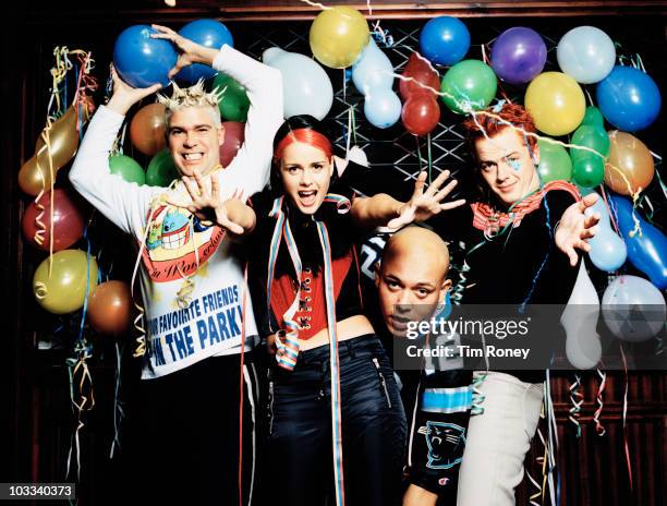 Danish-Norwegian pop group Aqua, 17th October 1997. From left to right, they are guitarist Soren Rasted, vocalists Lene Nystrom and Rene Dif, and...