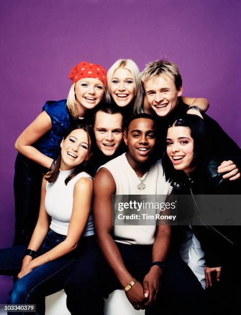 British pop group S Club 7, circa 2000. They are Jo O'Meara, Hannah Spearritt, Rachel Stevens, Tina Barrett, Paul Cattermole, Jon Lee and Bradley...