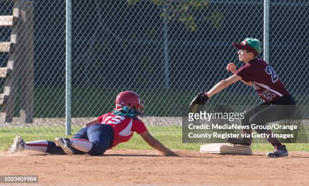 Elyssa Lopez of Bolsa Grande, left, dives safely back to third base as Taylor Glenn of Laguna Beach attempts the pick off. ///ADDITIONAL INFORMATION:...