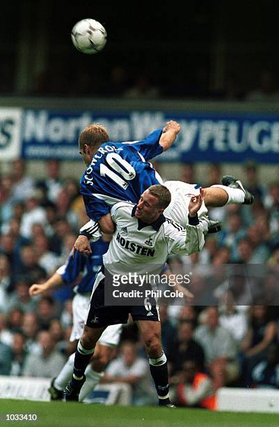 James Scowcroft of Ipswich and Chris Perry of Tottenham Hotspur in an aerial duel during the FA Carling Premiership game between Tottenham Hotspur v...