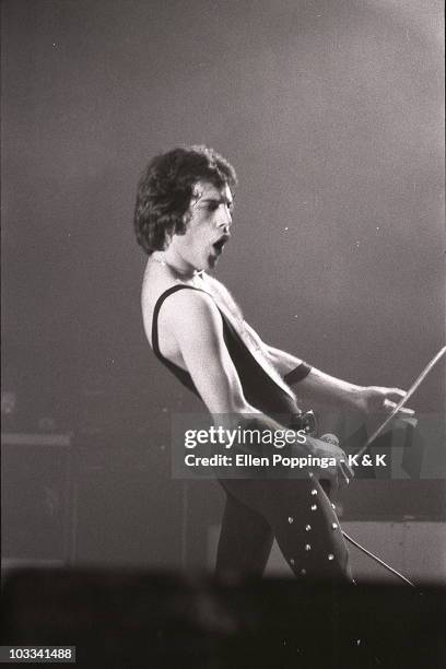 Freddie Mercury from Queen performs live on stage at Ernst Merck Halle in Hamburg, Germany on April 14 1978