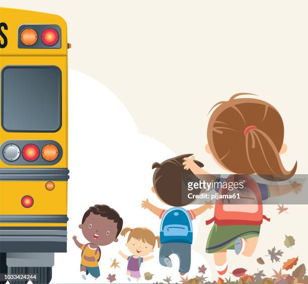 illustrazioni stock, clip art, cartoni animati e icone di tendenza di studenti che vanno a scuola in autobus - back to school kids