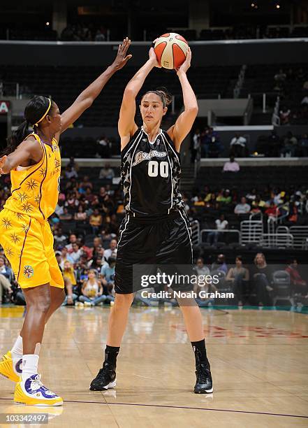 Ruth Riley of the San Antonio Silver Stars handles the ball during a WNBA game against the Los Angeles Sparks on August 8, 2010 at Staples Center in...