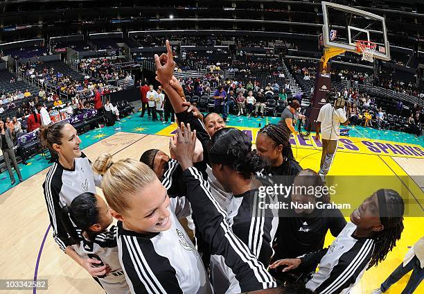 The San Antonio Silver Stars huddle up during a WNBA game against the Los Angeles Sparks on August 8, 2010 at Staples Center in Los Angeles,...