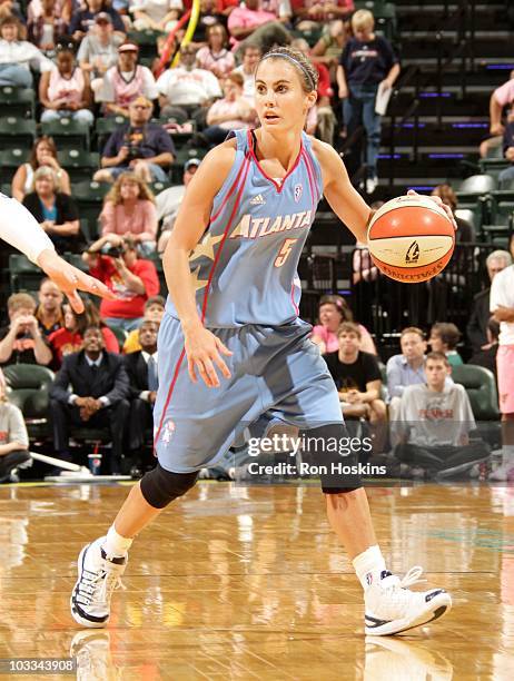 Shalee Lehning of the Atlanta Dream runs with the ball during a game against the Indiana Fever at Conseco Fieldhouse on August 6, 2010 in...