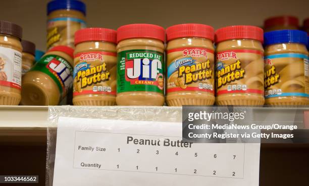 The quanity of peanut butter a family can select is listed according to the amount of family members at the South County Outreach food pantry in...