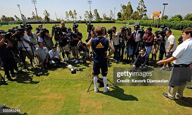 David Beckham of the Los Angeles Galaxy speaks during news conference after a training session at The Home Depot Center on August 11, 2010 in Carson,...