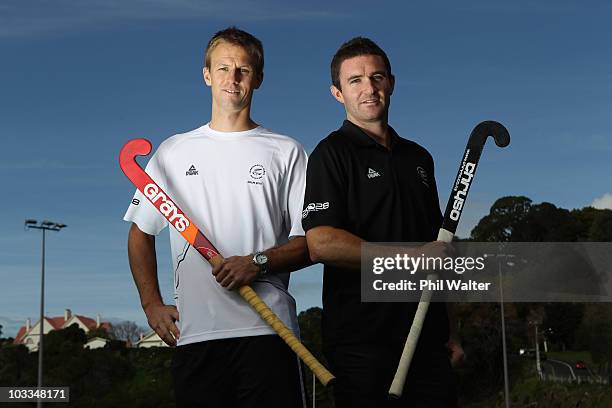 Phil Burrows and Dean Couzins of the Mens Hockey team pose for a photo during the New Zealand Black Sticks team announcement & uniform reveal, ahead...