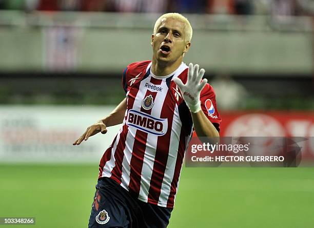 Adolfo Bautista from Mexico's Chivas de Guadalajara, celebrates his goal against Internacional from Brazil, in Zapopan, Jalisco State, Mexico, on...