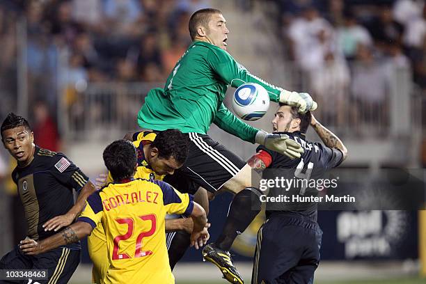 Goal keeper Chris Seitz of the Philadelphia Union makes a save during a game against Real Salt Lake at PPL Park on August 11, 2010 in Chester,...