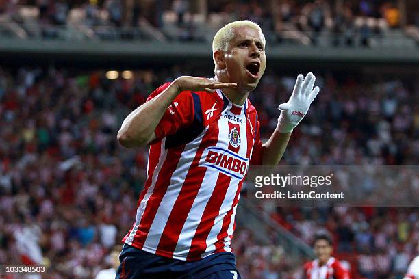 Adolfo Bautista of Chivas celebrates a scored goal against Internacional during the final match of the 2010 Copa Santander Libertadores at the...