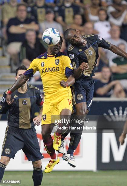 Forward Danny Mwanga of the Philadelphia Union battles forward Robbie Findley of Real Salt Lake during a game at PPL Park on August 11, 2010 in...