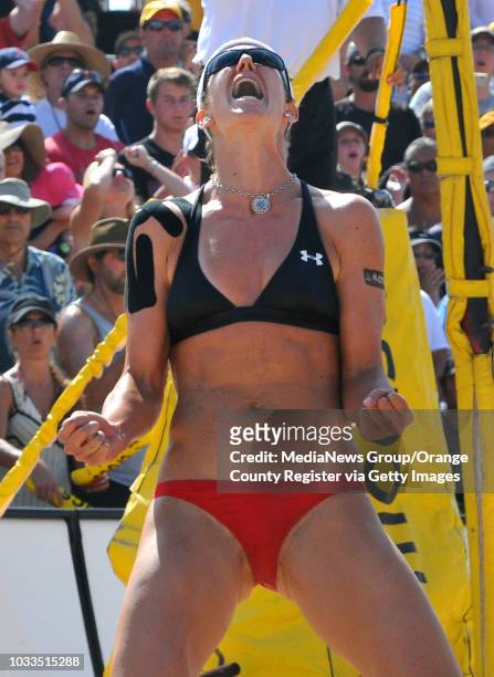 Manhattan Beach Open.Women's Final. Nicole Branagh and Elaine Youngs defeated Annett Davis and Jenny Johnson Jordan. Nicole Branagh pumps her fists...