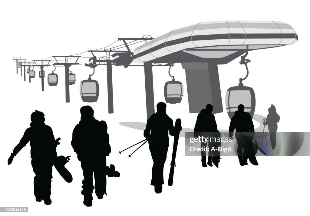Going Up The Gondola Snowboarders