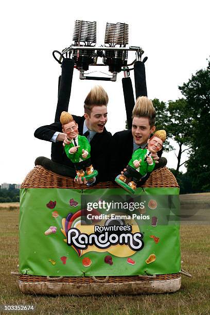 Edward Grimes and John Grimes of Jedward launch Rowntree's Random 'Foamy Gnome on The Roam Tour' at Richmond Park on August 12, 2010 in London,...