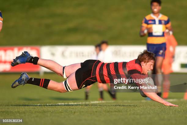 Cullen Grace of Canterbury dives to score a try during the Jock Hobbs U19 Rugby Tournament on September 15, 2018 in Taupo, New Zealand.