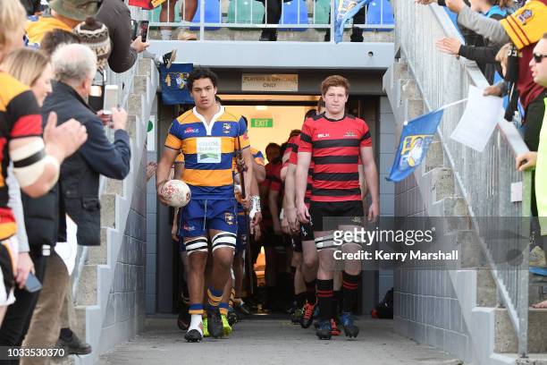 Kaipo Brown of the Bay of Plenty and Cullen Grace of Canterbury lead their teams out during the Jock Hobbs U19 Rugby Tournament on September 15, 2018...