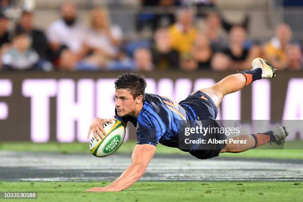Bautista Delguy of the Pumas scores a try during The Rugby Championship match between the Australian Wallabies and Argentina Pumas at Cbus Super...
