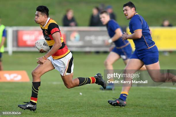 Brian Lima of Waikato makes a break Brian Limaduring the Jock Hobbs U19 Rugby Tournament on September 15, 2018 in Taupo, New Zealand.