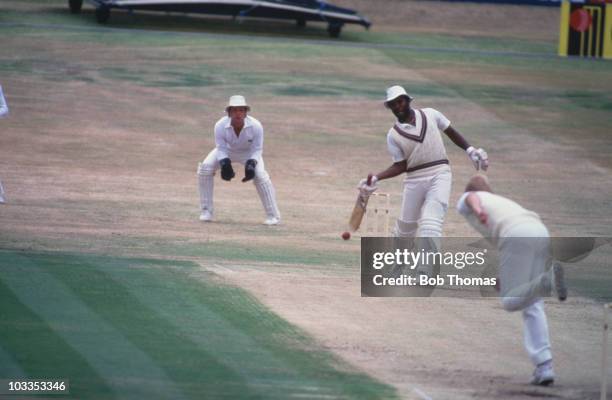 The 3rd Cornhill Test between England and the West Indies at Headingley, Leeds, 1984. Due to an injury, Malcolm Marshall attempts to bat...