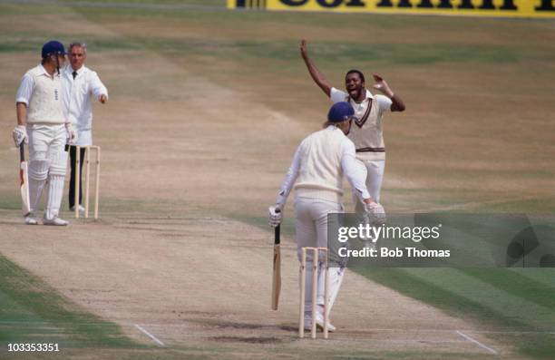 The 3rd Cornhill Test between England and the West Indies at Headingley, Leeds, 1984. Malcolm Marshall dismisses Paul Allott, LBW.