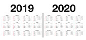 Calendar 2019 and 2020 template. Calendar design in black and white colors, holidays in red colors