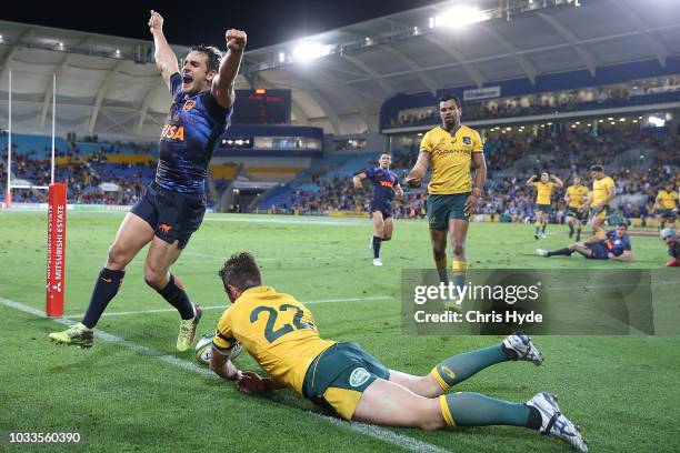 Nicolas Sanchez of Argentina celebrates winning The Rugby Championship match between the Australian Wallabies and Argentina Pumas at Cbus Super...
