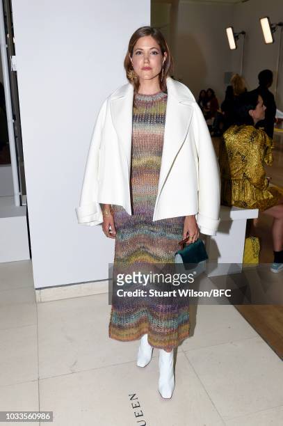 Charity Wakefield attends the Jasper Conran show during London Fashion Week September 2018 at The Sackler Gallery on September 15, 2018 in London,...