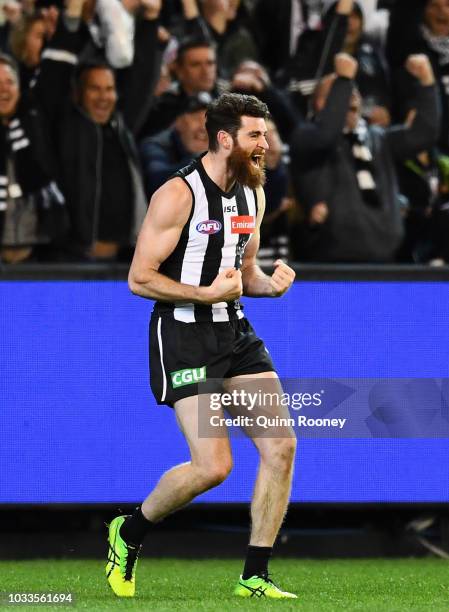 Tyson Goldsack of the Magpies celebrates winning the AFL Semi Final match between the Collingwood Magpies and the Greater Western Sydney Giants at...