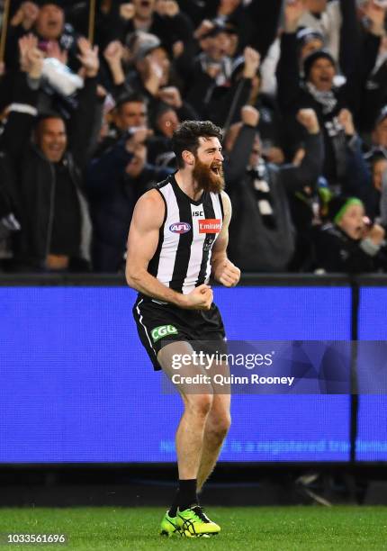 Tyson Goldsack of the Magpies celebrates winning the AFL Semi Final match between the Collingwood Magpies and the Greater Western Sydney Giants at...