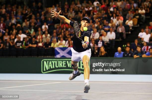 Jamie Murray of Great Britain is seen during the doubles match between Great Britain and Uzbekistan on Day Two of the Davis Cup at The Emitares Arena...