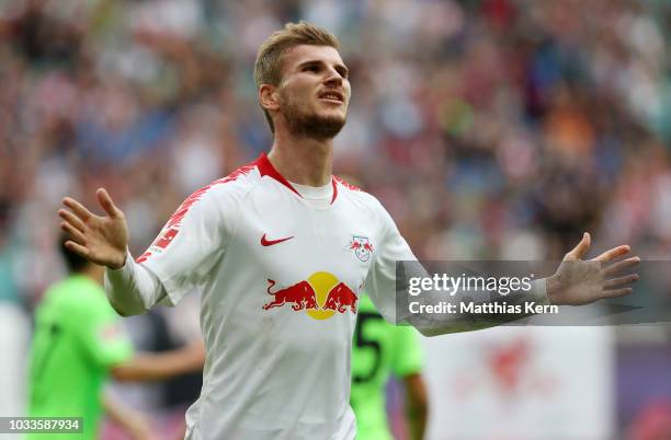 Timo Werner of Leipzig jubilates after scoring the third goal during the Bundesliga match between RB Leipzig and Hannover 96 at Red Bull Arena on...