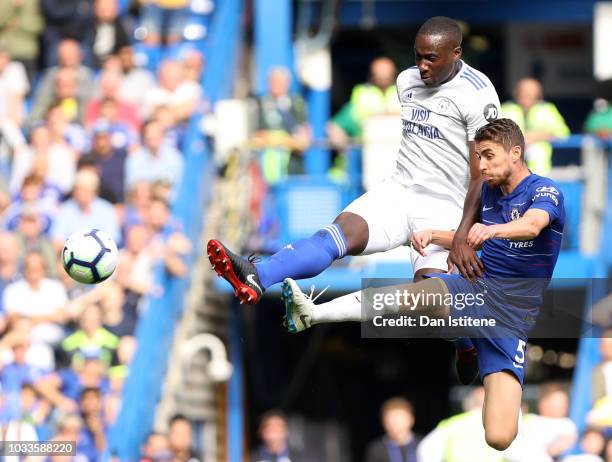 Sol Bamba of Cardiff City scores his team's first goal during the Premier League match between Chelsea FC and Cardiff City at Stamford Bridge on...