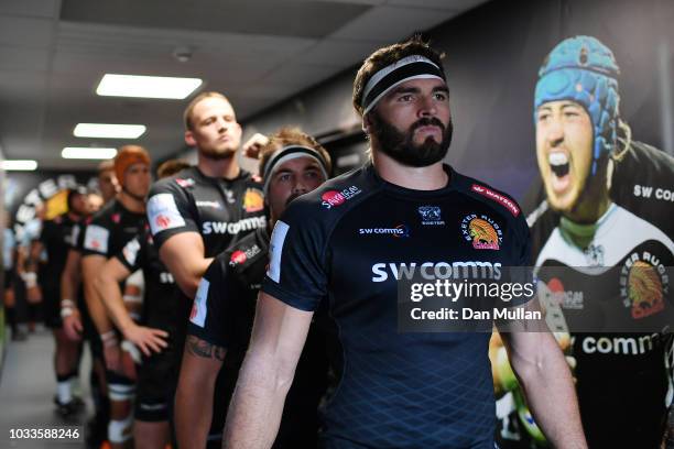 Don Armand of Exeter Chiefs prepares to lead out his team during the Gallagher Premiership Rugby match between Exeter Chiefs and Sale Sharks at Sandy...